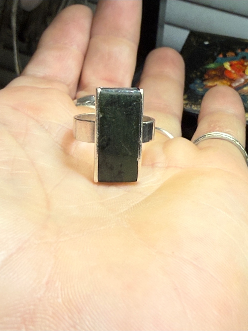 Rectangular modernist nephrite jade Stone Ring with Silver Band size 6.75/7
